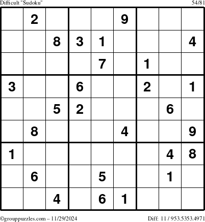 The grouppuzzles.com Difficult Sudoku puzzle for Friday November 29, 2024