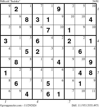 The grouppuzzles.com Difficult Sudoku puzzle for Friday November 29, 2024 with all 11 steps marked