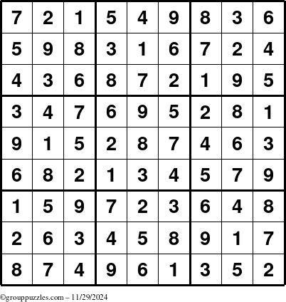 The grouppuzzles.com Answer grid for the Sudoku puzzle for Friday November 29, 2024