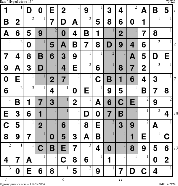 The grouppuzzles.com Easy HyperSudoku-15 puzzle for Friday November 29, 2024, suitable for printing, with all 3 steps marked