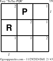 The grouppuzzles.com Easy TicTac-PQR puzzle for Friday November 29, 2024, suitable for printing, with all 2 steps marked