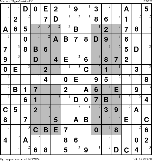 The grouppuzzles.com Medium HyperSudoku-15 puzzle for Friday November 29, 2024 with the first 3 steps marked