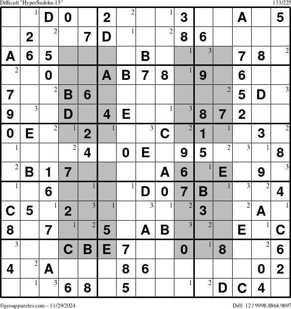 The grouppuzzles.com Difficult HyperSudoku-15 puzzle for Friday November 29, 2024 with the first 3 steps marked