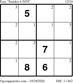 The grouppuzzles.com Easy Sudoku-4-5678 puzzle for Wednesday October 28, 2026 with the first 3 steps marked