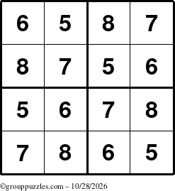 The grouppuzzles.com Answer grid for the Sudoku-4-5678 puzzle for Wednesday October 28, 2026