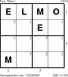 The grouppuzzles.com Easy Elmo puzzle for Wednesday October 28, 2026 with all 3 steps marked