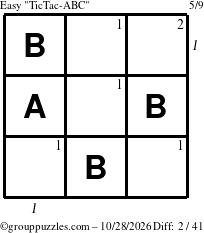 The grouppuzzles.com Easy TicTac-ABC puzzle for Wednesday October 28, 2026, suitable for printing, with all 2 steps marked