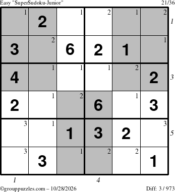 The grouppuzzles.com Easy SuperSudoku-Junior puzzle for Wednesday October 28, 2026, suitable for printing, with all 3 steps marked