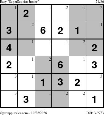 The grouppuzzles.com Easy SuperSudoku-Junior puzzle for Wednesday October 28, 2026 with the first 3 steps marked