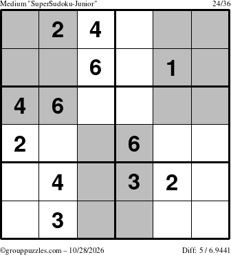 The grouppuzzles.com Medium SuperSudoku-Junior puzzle for Wednesday October 28, 2026