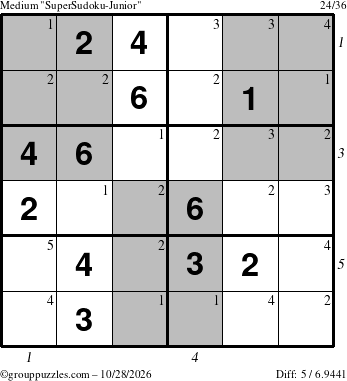 The grouppuzzles.com Medium SuperSudoku-Junior puzzle for Wednesday October 28, 2026, suitable for printing, with all 5 steps marked
