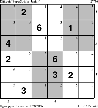 The grouppuzzles.com Difficult SuperSudoku-Junior puzzle for Wednesday October 28, 2026 with all 6 steps marked