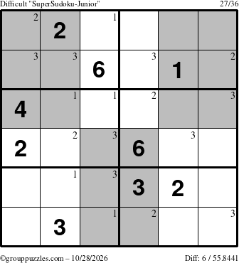 The grouppuzzles.com Difficult SuperSudoku-Junior puzzle for Wednesday October 28, 2026 with the first 3 steps marked