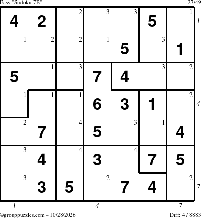 The grouppuzzles.com Easy Sudoku-7B puzzle for Wednesday October 28, 2026 with all 4 steps marked