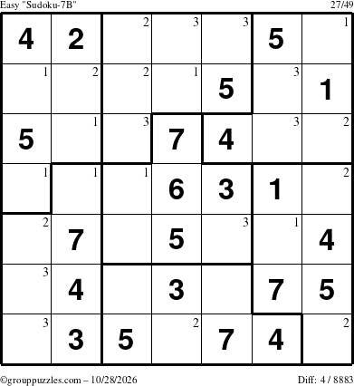 The grouppuzzles.com Easy Sudoku-7B puzzle for Wednesday October 28, 2026 with the first 3 steps marked