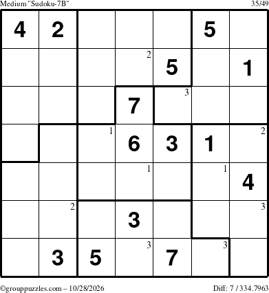 The grouppuzzles.com Medium Sudoku-7B puzzle for Wednesday October 28, 2026 with the first 3 steps marked