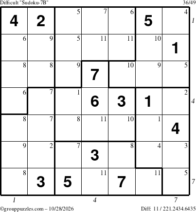 The grouppuzzles.com Difficult Sudoku-7B puzzle for Wednesday October 28, 2026, suitable for printing, with all 11 steps marked