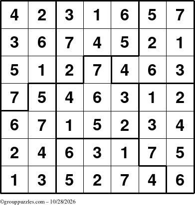The grouppuzzles.com Answer grid for the Sudoku-7B puzzle for Wednesday October 28, 2026