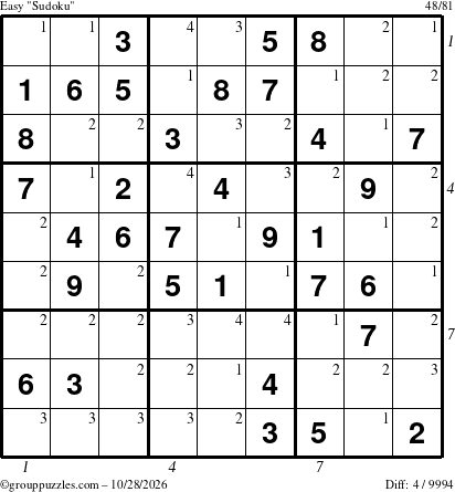The grouppuzzles.com Easy Sudoku puzzle for Wednesday October 28, 2026, suitable for printing, with all 4 steps marked