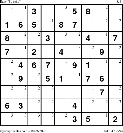 The grouppuzzles.com Easy Sudoku puzzle for Wednesday October 28, 2026 with the first 3 steps marked