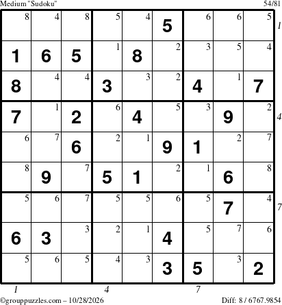 The grouppuzzles.com Medium Sudoku puzzle for Wednesday October 28, 2026 with all 8 steps marked