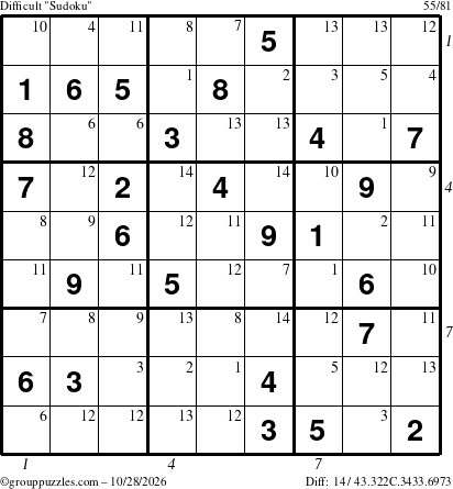 The grouppuzzles.com Difficult Sudoku puzzle for Wednesday October 28, 2026, suitable for printing, with all 14 steps marked