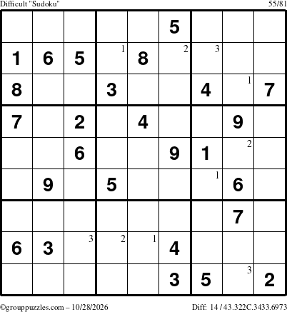 The grouppuzzles.com Difficult Sudoku puzzle for Wednesday October 28, 2026 with the first 3 steps marked