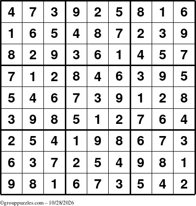 The grouppuzzles.com Answer grid for the Sudoku puzzle for Wednesday October 28, 2026