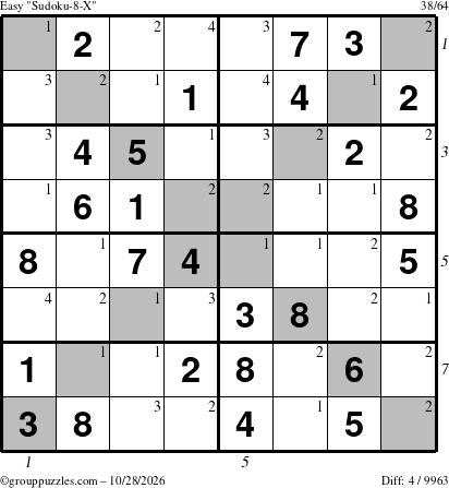 The grouppuzzles.com Easy Sudoku-8-X puzzle for Wednesday October 28, 2026 with all 4 steps marked
