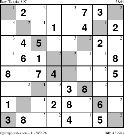 The grouppuzzles.com Easy Sudoku-8-X puzzle for Wednesday October 28, 2026 with the first 3 steps marked