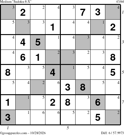 The grouppuzzles.com Medium Sudoku-8-X puzzle for Wednesday October 28, 2026, suitable for printing, with all 6 steps marked