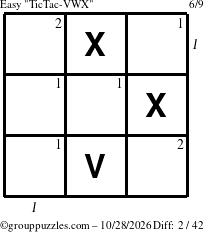 The grouppuzzles.com Easy TicTac-VWX puzzle for Wednesday October 28, 2026, suitable for printing, with all 2 steps marked