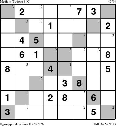 The grouppuzzles.com Medium Sudoku-8-X puzzle for Wednesday October 28, 2026 with the first 3 steps marked