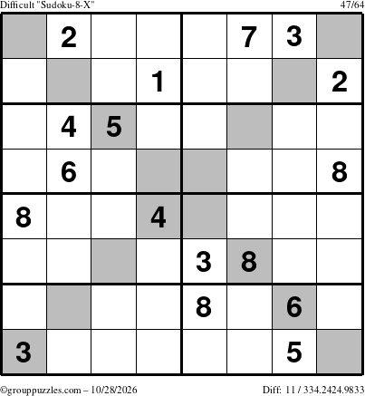 The grouppuzzles.com Difficult Sudoku-8-X puzzle for Wednesday October 28, 2026