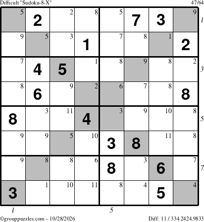 The grouppuzzles.com Difficult Sudoku-8-X puzzle for Wednesday October 28, 2026, suitable for printing, with all 11 steps marked