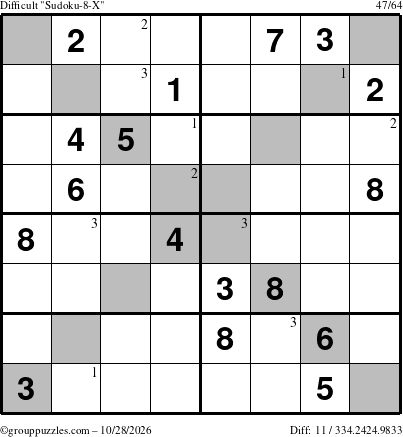 The grouppuzzles.com Difficult Sudoku-8-X puzzle for Wednesday October 28, 2026 with the first 3 steps marked