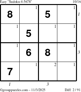 The grouppuzzles.com Easy Sudoku-4-5678 puzzle for Monday November 3, 2025 with all 2 steps marked