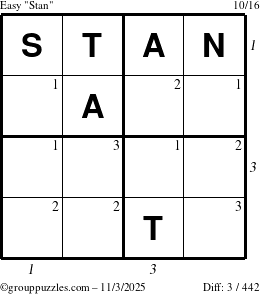 The grouppuzzles.com Easy Stan puzzle for Monday November 3, 2025 with all 3 steps marked