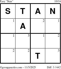 The grouppuzzles.com Easy Stan puzzle for Monday November 3, 2025 with the first 3 steps marked