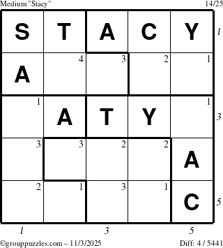 The grouppuzzles.com Medium Stacy puzzle for Monday November 3, 2025, suitable for printing, with all 4 steps marked