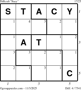 The grouppuzzles.com Difficult Stacy puzzle for Monday November 3, 2025 with all 4 steps marked