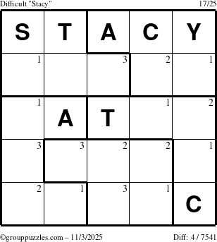 The grouppuzzles.com Difficult Stacy puzzle for Monday November 3, 2025 with the first 3 steps marked