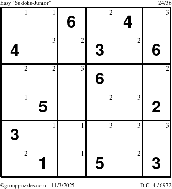 The grouppuzzles.com Easy Sudoku-Junior puzzle for Monday November 3, 2025 with the first 3 steps marked