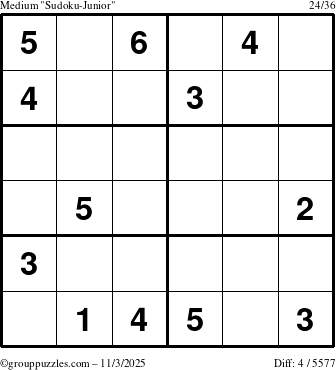 The grouppuzzles.com Medium Sudoku-Junior puzzle for Monday November 3, 2025