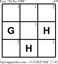 The grouppuzzles.com Easy TicTac-GHI puzzle for Monday November 3, 2025 with the first 2 steps marked