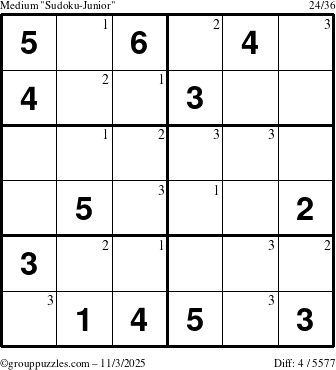 The grouppuzzles.com Medium Sudoku-Junior puzzle for Monday November 3, 2025 with the first 3 steps marked