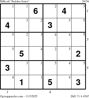 The grouppuzzles.com Difficult Sudoku-Junior puzzle for Monday November 3, 2025, suitable for printing, with all 5 steps marked
