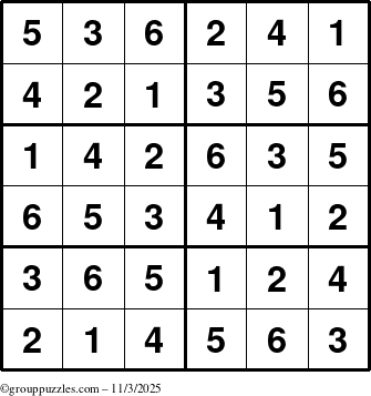 The grouppuzzles.com Answer grid for the Sudoku-Junior puzzle for Monday November 3, 2025