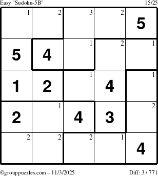 The grouppuzzles.com Easy Sudoku-5B puzzle for Monday November 3, 2025 with the first 3 steps marked