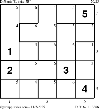 The grouppuzzles.com Difficult Sudoku-5B puzzle for Monday November 3, 2025 with all 6 steps marked